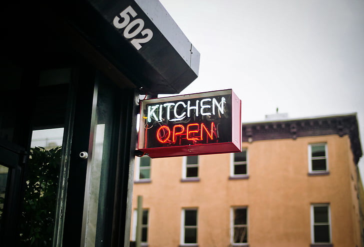 kitchen, open, sign, restaurant, food, dine