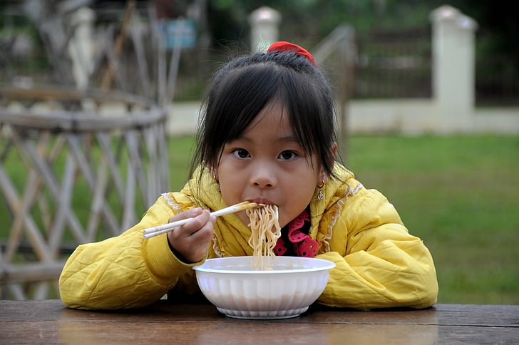 barn, noodle, høye land, familie passerer nord, Vietnam, frokost, følelser