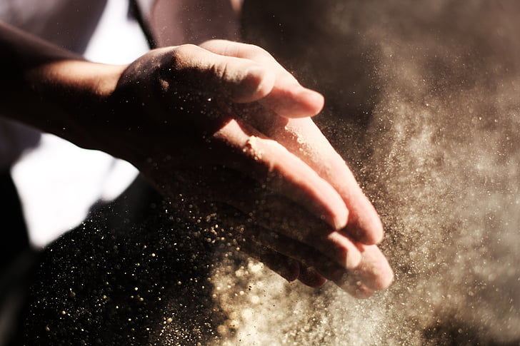 hands, clapping, dust, flour, bakery, craftsman, particles