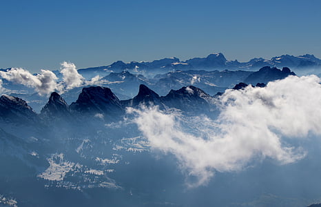 alpstein, 山脉, 全景, 瑞士的阿尔卑斯山, 云彩, 天空, 心情