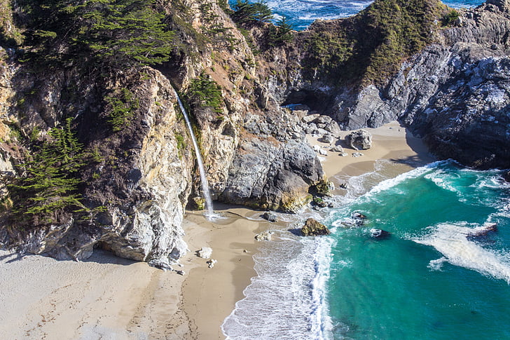 beach, waterfall, sea, natural, landscape, california, beautiful