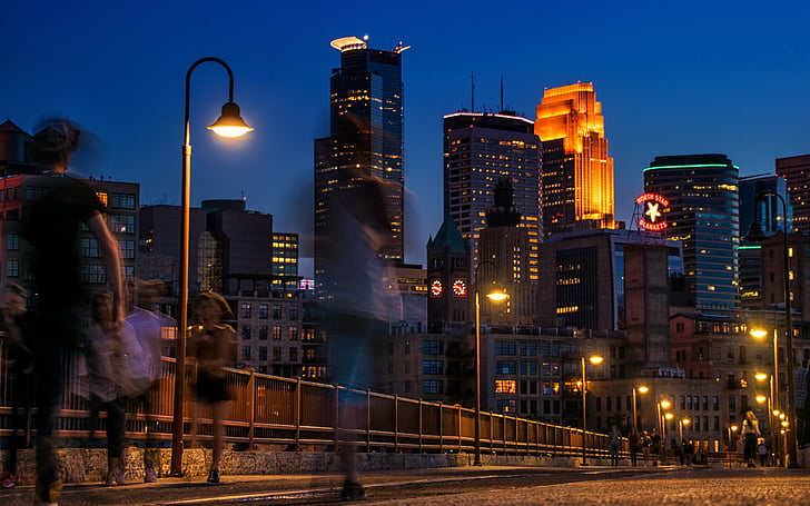 Minneapolis, orizontul, noapte, oameni, Podul, arc de piatră, centrul orasului