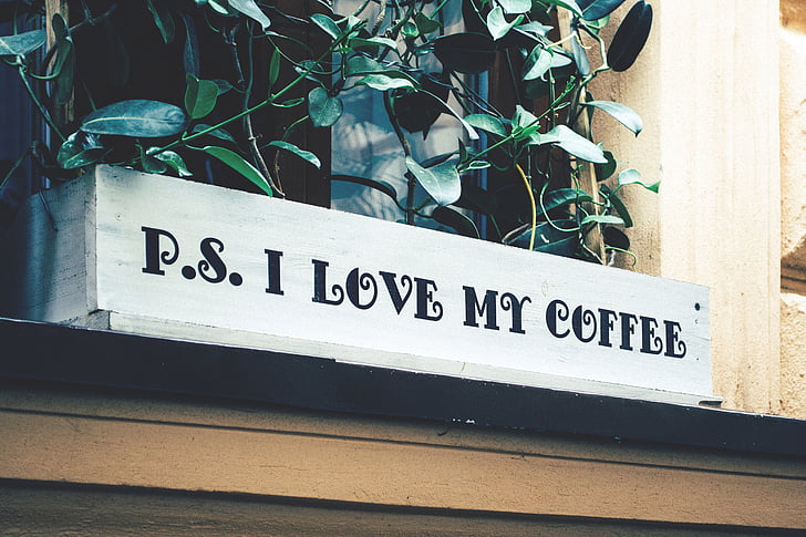 p, s, mīlu, kafijas, drukāts, augu, konteiners