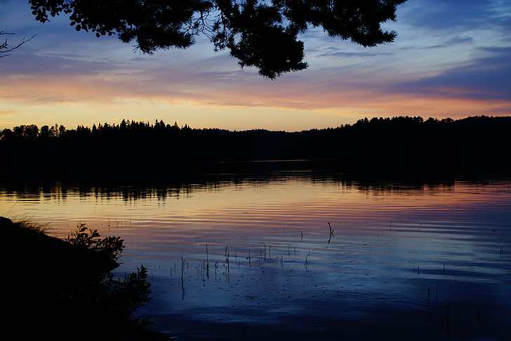 reflexie, západ slnka, jazero, Švédsko, förjön jazero, idyla, večernej oblohe