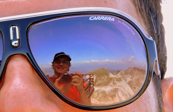 occhiali, specchio, selfie, montagna, occhiali da sole