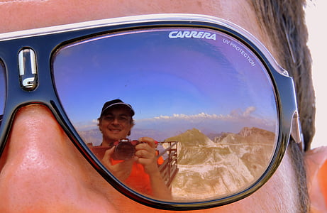gafas, espejo, selfie, montaña, gafas de sol