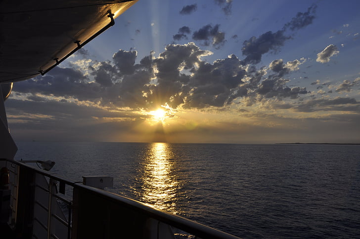 západ slnka, loď, more, vody, reflexie, navíjanie, romantické