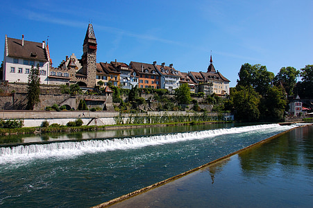 สวิตเซอร์แลนด์, bremgarten, แม่น้ำ, น้ำ, ธนาคาร, บ้าน