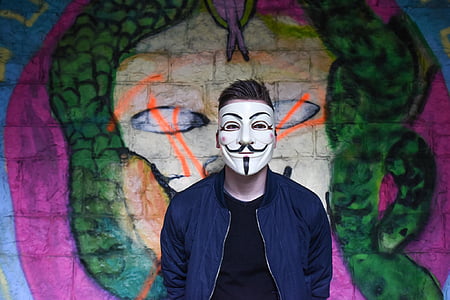 anonymous, black t-shirt, gangster, graffiti, guy, guy fawkes mask, man