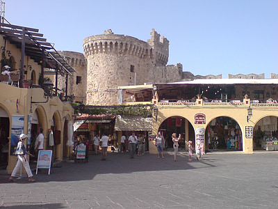 Praça do mercado, arquitetura, Rhodes, Grécia, histórico, arcos