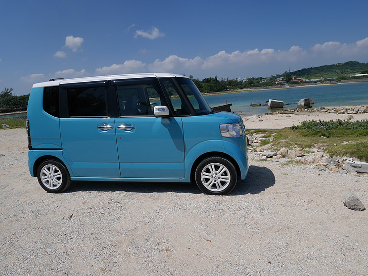 Okinawa, mar, carro, Honda, nbox, céu azul, Dirigir