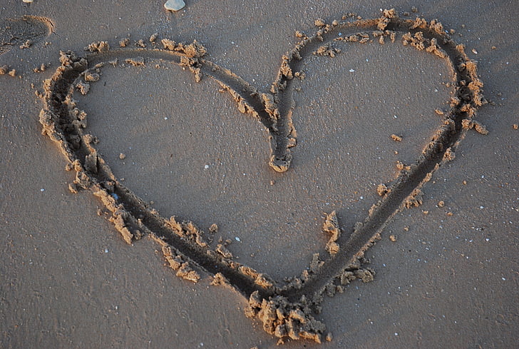 серце, пісок, оболонка, пляж, Кохання