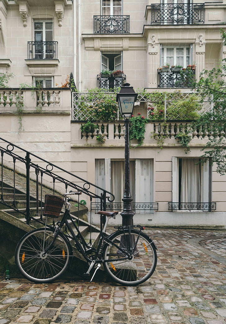 arquitetura, bicicleta, edifício, cidade, clássico, rua de paralelepípedos, exterior