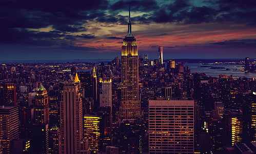 New york, hensetter, oss, skyskraper, lys, moderne, byen