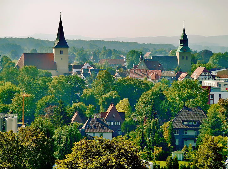 melle, germany, village, town, mountains, churches, trees