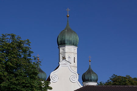 Église, steeple, bulbe, toiture en cuivre, Croix, doré, architecture