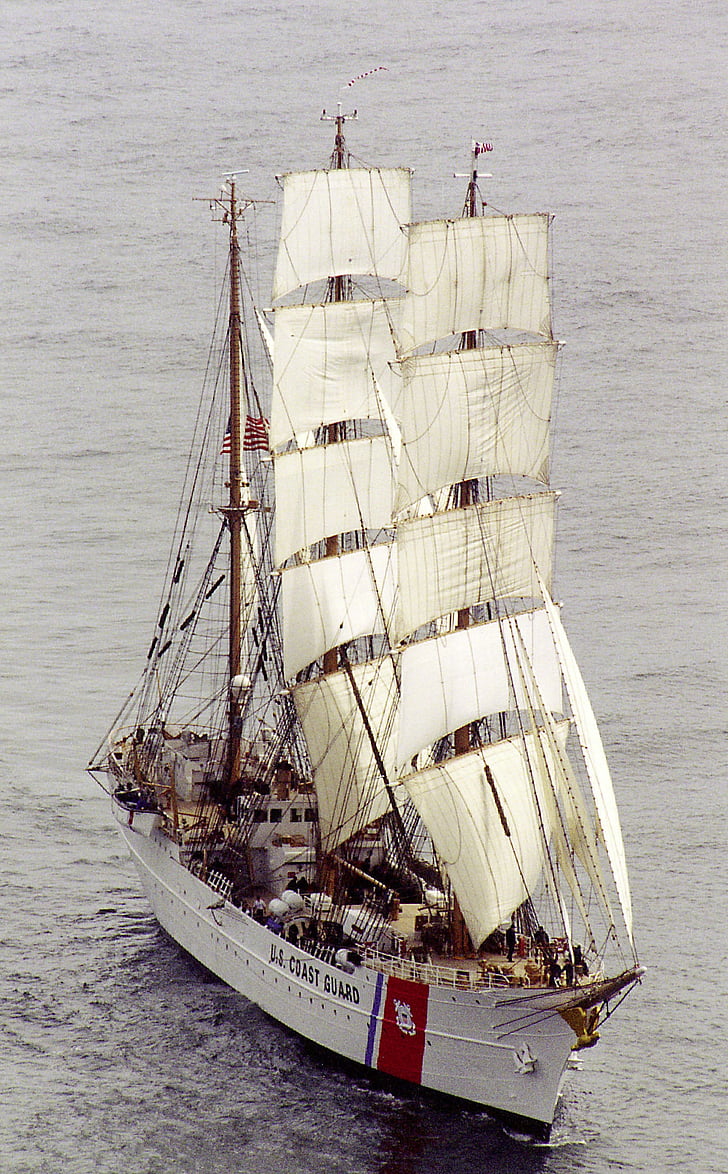 ship, cutter, three masted, barque, full sail, water, coast guard