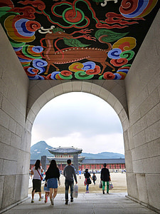 Gyeongbok palace, Gwanghwamun, butiksfacade, forbudte by, Republikken korea, arkitektur, gamle skole