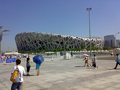 stadium, china, beijing, tourists, modern, monument, hot day
