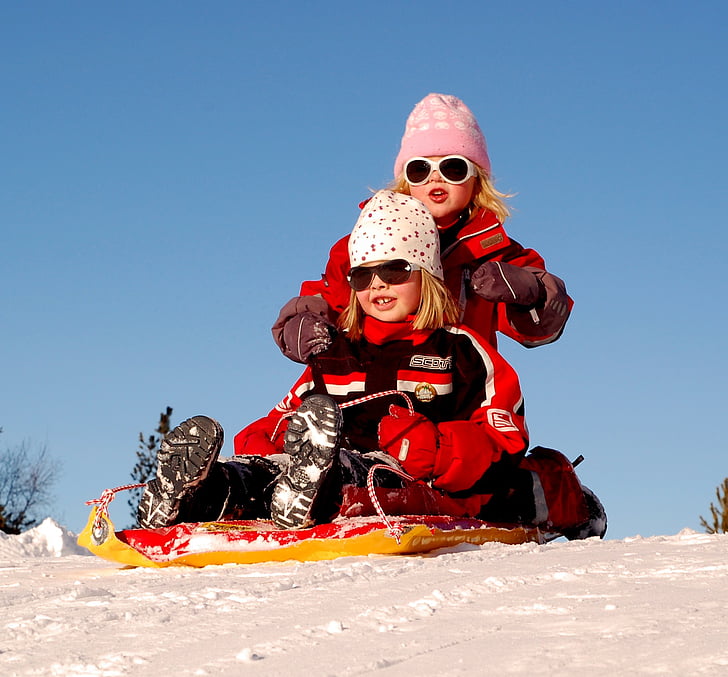 sweden, children, girls, sled, sledding, winter, snow