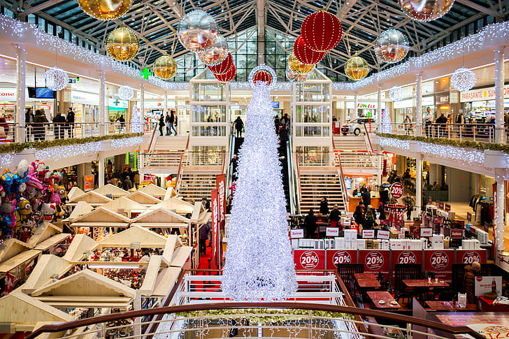 bygning, juletræ, indendørs, Mall, shopping
