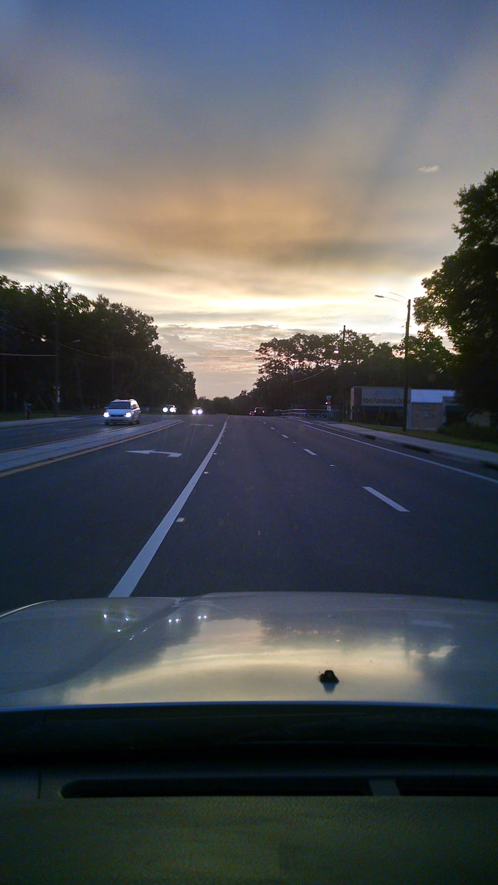 kjøring, cruising, daggry, himmelen, veien, kjøretøy, bil