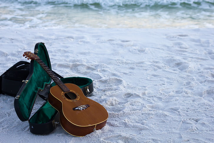 guitar, sand, instrument, acoustic, travel, ocean, lifestyle