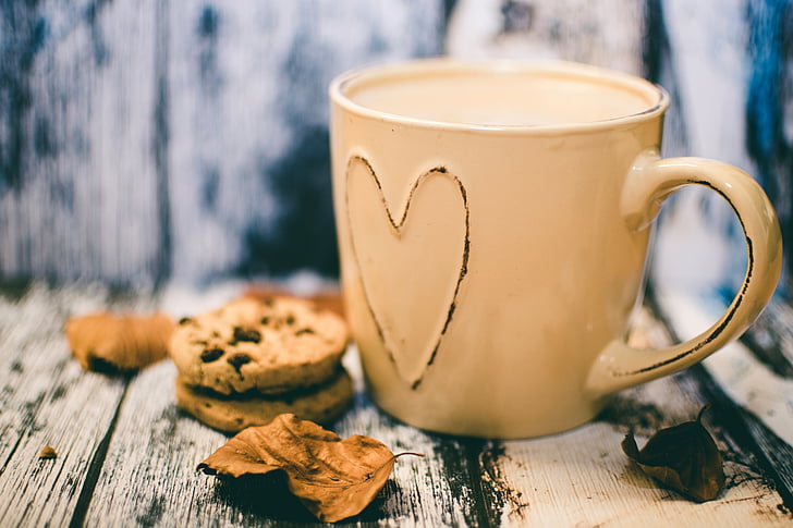breakfast, caffeine, cappuccino, coffee, coffee mug, cookies, cup