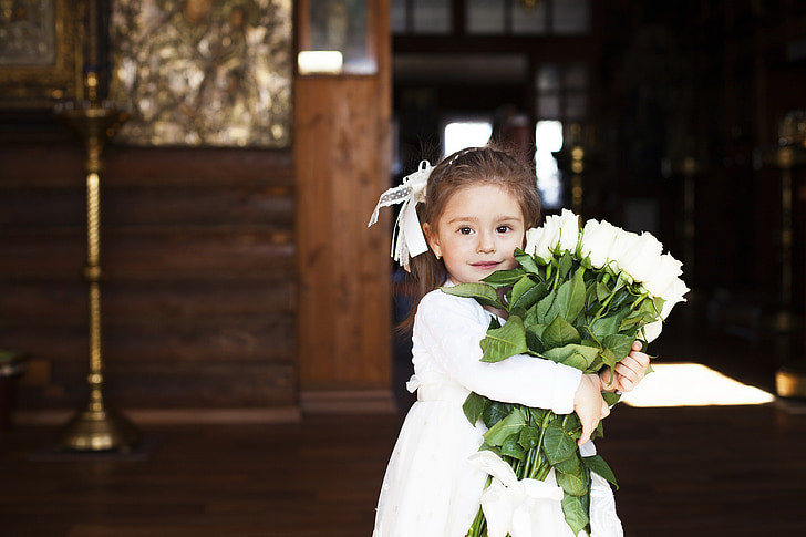 girl, beautiful, flowers, bouquet of roses, sacrament of baptism, holiday, orthodoxy
