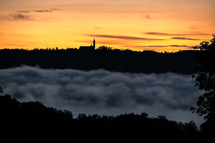 solopgang, tåge, skyer, Ammersee, Andechs monastery, kloster, kirke