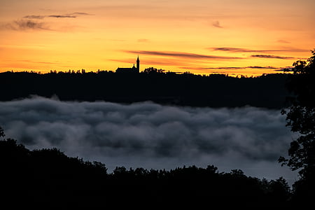 východ slunce, mlha, mraky, Ammersee, Andechs klášter, klášter, kostel
