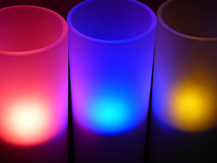 il·luminació, il·luminació decorativa, espelmes, color, tres colors, vermell, blau