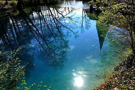 blautopf, color, reflectint, sol, lichtspiel, l'aigua, arbres