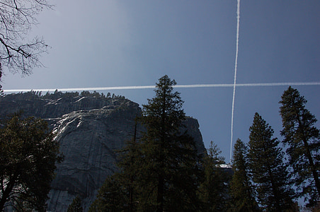 contrails, Sky, Mountain, Forest, Yosemite, vzor