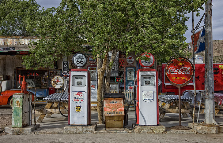 Vintage benzīntanks, gāzes sūkņi, gāze, Arizona, HDR, veikals, veikals