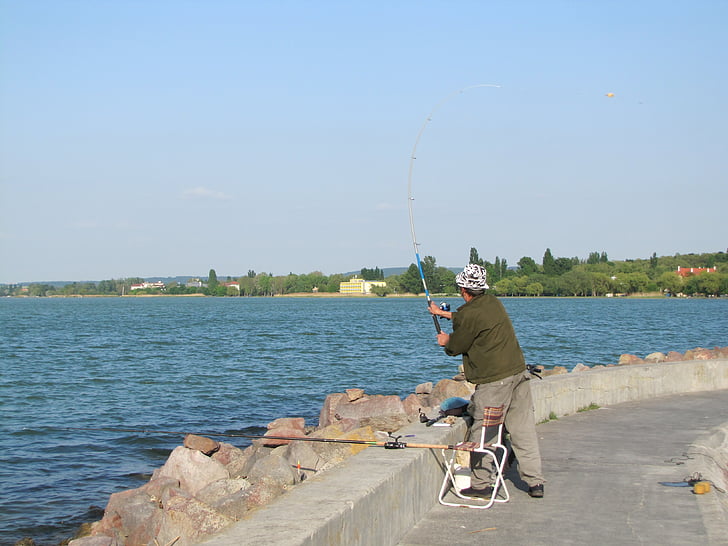 Angler, fiskespön, vatten, en del, Balatonsjön, Pier