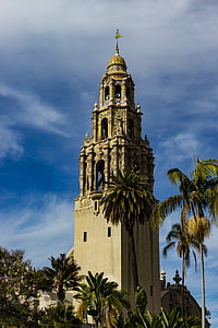 bell tower, balboa park, architectural, church, architecture, tower, palm Tree