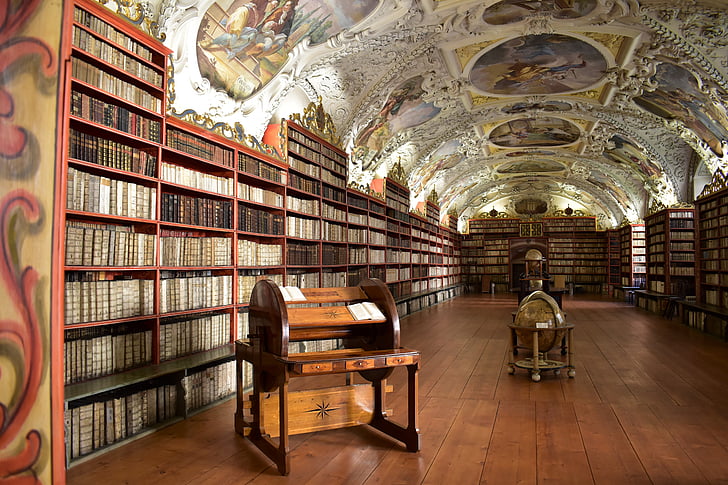 biblioteca, histórico, afresco, luz, globo, Prague, edifício