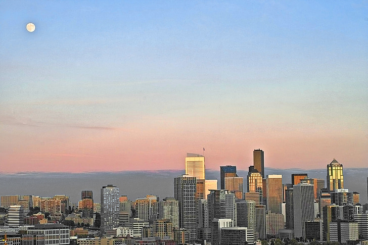 Seattle, Skyline, Luna, puesta de sol