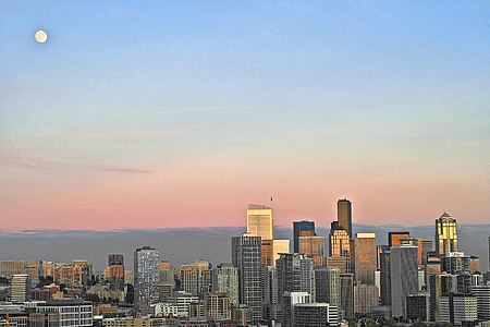 Seattle, linha do horizonte, lua, pôr do sol
