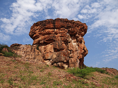 Badami, pedras, arenito, escarpadas, penhascos, Karnataka, Índia