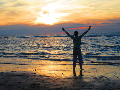 chico, mar, puesta de sol, sol, marca de fábrica, Playa, Horizon