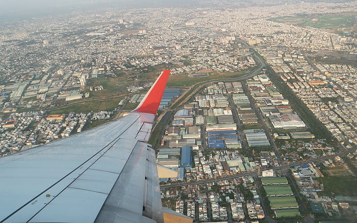 máy bay, cánh, máy bay, trên một chuyến đi kinh doanh, đi du lịch, nhìn từ trên cao, cảnh quan thành phố