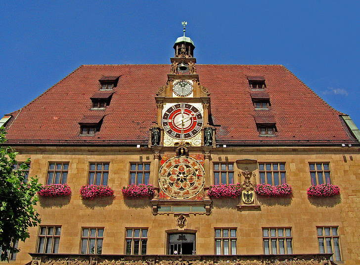 town hall, heilbronn, historically, clock, old town, clock face, watermark