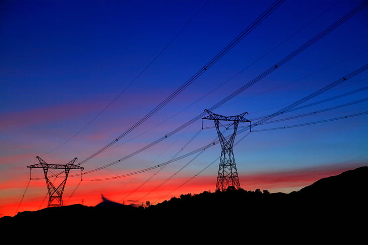 power, sunset, twilight, transmission line, china light and power, pylons, electric tower