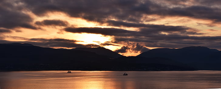 paesaggio, tramonto, crepuscolo, fiume, colline