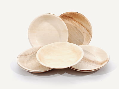 ronde, platen, palmtak, materiaal, servies, houten, hout - materiaal