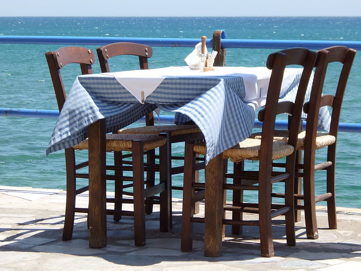 table, wood, seat, chair, sea, blue, summer