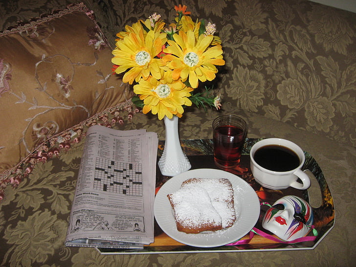breakfast, breakfast tray, coffee, beignets, chaise, chaise lounge, morning breakfast