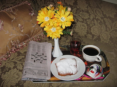 Bữa sáng, Khay bữa sáng, cà phê, beignets, ghế, chaise lounge, ăn sáng vào buổi sáng
